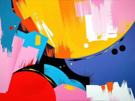 a vibrant abstract painting featuring a mix of geometric shapes, including circles, rectangles, and triangles, in a variety of colors such as blue, red, yellow, pink, orange, black, and white.........の素材