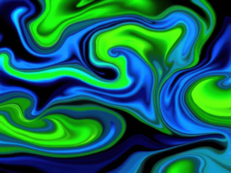 A vibrant and dynamic abstract featuring swirling patterns of blue and green liquid on a black background. The colors blend and merge in a display of wavy, fluid shapes. The overall effect is.........の素材