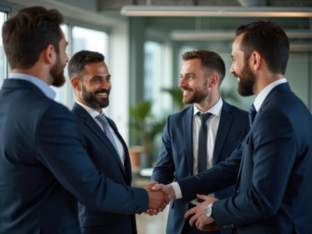 Four men in navy blue business suits and white shirts shake hands in an office setting. Two men face each other, smiling, while the other two their backs to the camera or face the other pair.......の素材