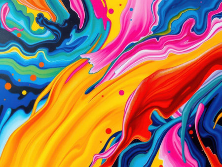 a vibrant and dynamic abstract created using fluid techniques. The composition showcases swirling patterns of pink, blue, yellow, and red hues, blending and merging in a display. The colors.........の素材