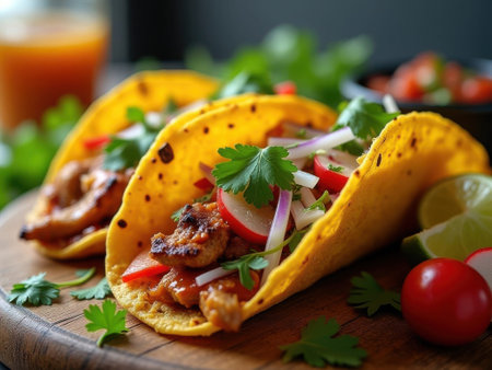 A close-up view of three tacos filled with grilled chicken, vegetables, and herbs on a wooden plate. The tacos are garnished with cilantro, radish, onion, and tomato. A lime wedge and a cherry........の素材
