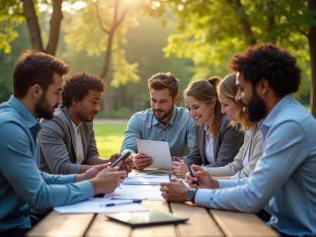A group of seven young adults, diverse in ethnicity and gender, sit around a wooden table in a park. They are dressed in business casual attire and are engaged in a meeting or discussion,......の素材