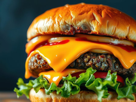 A close-up view of a cheeseburger with melted cheese on of a beef patty, lettuce, tomato, and ketchup on a toasted bun against a dark background. cheeseburger, burger, sandwich.の素材
