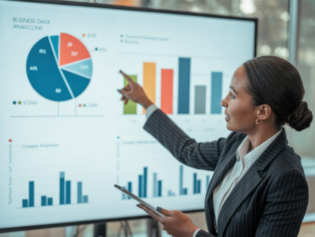 A dark-skinned businesswoman in a gray pinstripe suit presents data on a large screen displaying a pie chart and bar graphs, holding a tablet and pointing to the screen with her right hand.......の素材