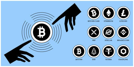Illustration vector set of Top 10 cryptocurrency logos and illustration of two men?s index-fingers try to connect by touching Bitcoin - good for bitcoin and cryptocurrency-related content, movement, trading, mining, exchange, etc.のイラスト素材