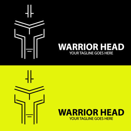 Vector design template of head of a warrior use battle helmet in a trendy Line Art style - fit for medieval stuff, energy drink, adult product, gymnasium, men things, etc.のイラスト素材