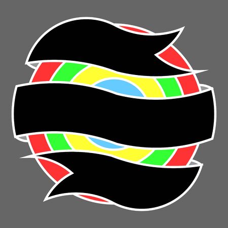 A Wrapping Ribbon surrounding a full circle rainbow with space for text. Perfect for sale, promo, selling, label, sticker, price tag, retail, product, discount, etcのイラスト素材