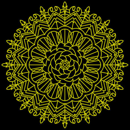 Golden Mandala with black background. Perfect for packaging, greetings, promotion, background, printing, wall art, etc.のイラスト素材