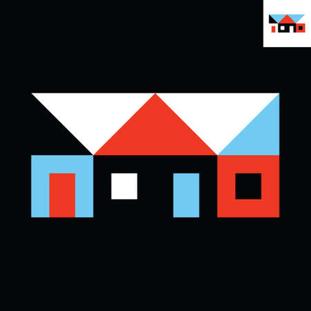 Simple logo design of houses or buildings with windows and doors in Bauhaus art style for housing company.のイラスト素材