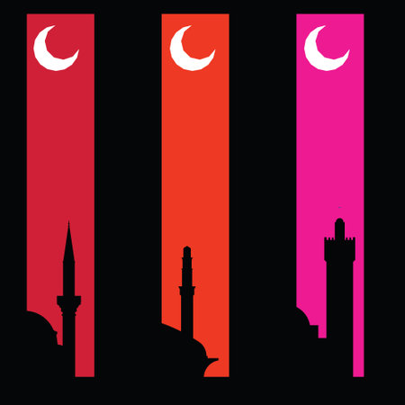 Islamic ornament mosque with minaret silhouette for Eid Mubarak greeting card. Vector in line art styleのイラスト素材