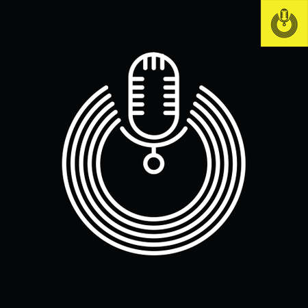 Podcast microphone with circular halos. Logo vector in line art styleのイラスト素材