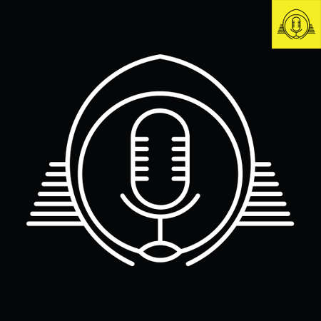 Podcast microphone with a pair of wings. Logo vector in line art styleのイラスト素材