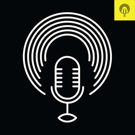 Podcast microphone with circular halos. Logo vector in line art styleのイラスト素材
