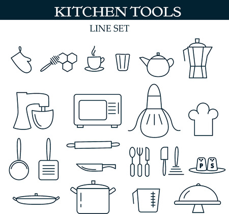 Kitchen tools web icons. Set of symbols for a culinary theme.  Collection of line design elements.のイラスト素材