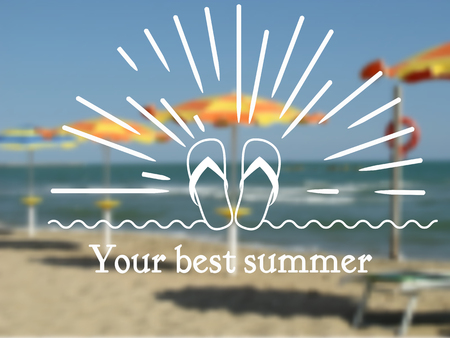 Sea, sky and sand beach blurred background. Realistic bokeh background. Flip flops. Vector illustrationのイラスト素材