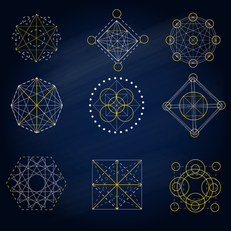 Geometry signs. Vector alchemy mystical symbols set on the dark blue backgroundのイラスト素材