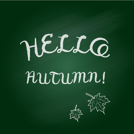 Hello autumn - the inscription on the board with chalk with maple leaves. Vector illustrationのイラスト素材