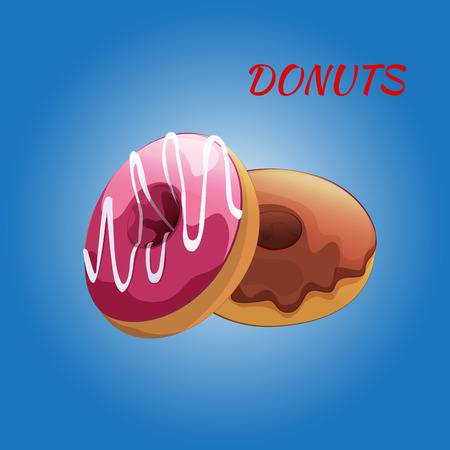 Glazed colored donuts in cartoon style on the blue backgroound. illustrationのイラスト素材