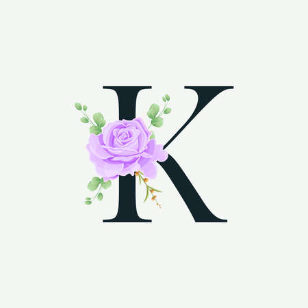 Beautiful K alphabet with Floral logo decoration template. Luxury font with green leaves emblem botanical vector illustration.のイラスト素材