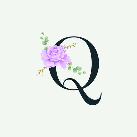 Beautiful Q alphabet with Floral logo decoration template. Luxury font with green leaves emblem botanical vector illustration.のイラスト素材