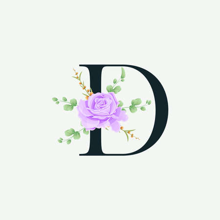 Beautiful D alphabet with Floral logo decoration template. Luxury font with green leaves emblem botanical vector illustration.のイラスト素材