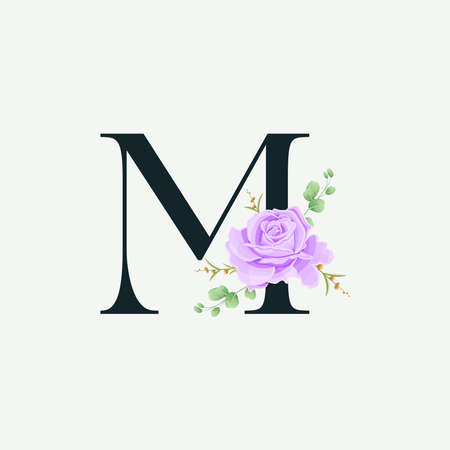 Beautiful M alphabet with Floral logo decoration template. Luxury font with green leaves emblem botanical vector illustration.のイラスト素材
