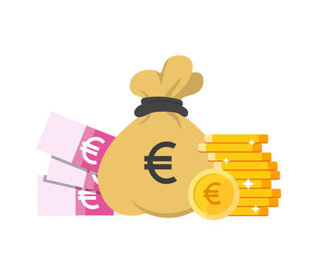 Money bag with euro bills and sign. Golden coins. Vector money illustrationのイラスト素材