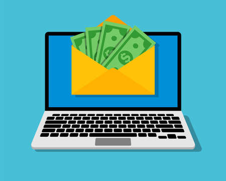 Envelope with money on laptop screen. Money transfer concept. Online banking illustrationのイラスト素材
