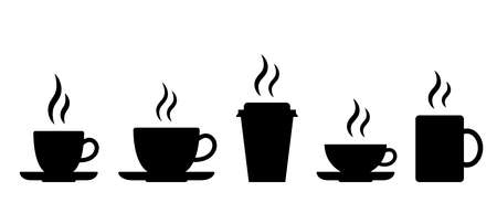 Coffee and tea cups black silhouettes. Hot beverage icons. Cafe or restaurant signs. Vector setのイラスト素材