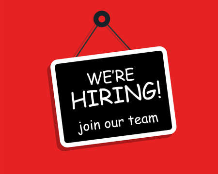 We're Hiring sign on a board. Job offer announcement. Vector illustrationのイラスト素材