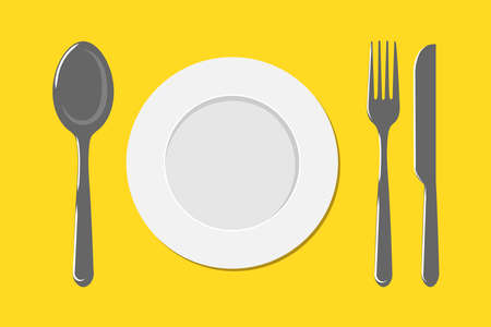 A Plate, Spoon, Fork and a Knife. Flat vector illustration of cutlery.のイラスト素材