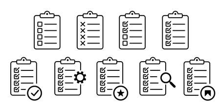Clipboard document icons collection. Checklist sign, with search and bookmark icons.のイラスト素材