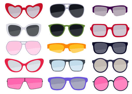 Collection of colorful sunglasses. Trendy eyeglasses set. Summer vacation accessory. Vector designのイラスト素材