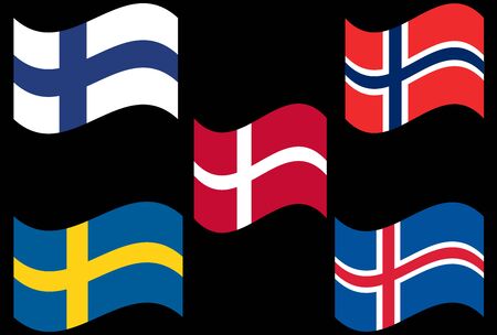 Flying Scandinavain flag Contries associate with Finland, Sweden, Denmark, Norway, Icelandのイラスト素材
