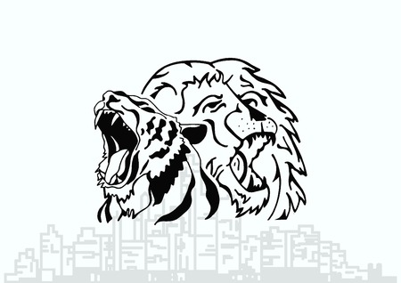 Vector illustration of the evil head, ferocious, aggressive lion. Predatory, dangerous beast. Angry lion.のイラスト素材