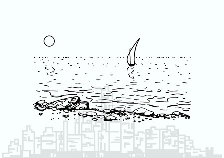 Graphic clouds and the moon shining in the night sky. Vector illustration. Sailing yacht at sea. Stone Beach.のイラスト素材