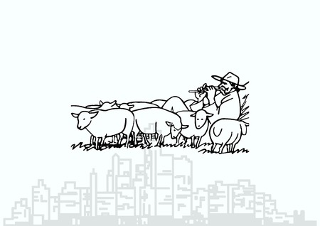 Vector illustration of a sheep. Shepherd with flock of sheep. A farmer herding sheep. farmer feeding sheep. Farmer playing the flute. Shepherd playing a pipe.のイラスト素材