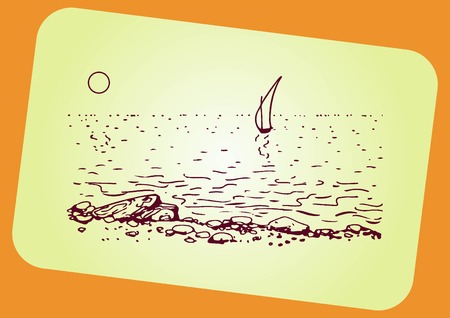Graphic clouds and the moon shining in the night sky. Vector illustration. Sailing yacht at sea. Stone Beach.のイラスト素材