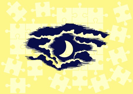 Graphic clouds and the moon shining in the night sky. Vector illustration.のイラスト素材