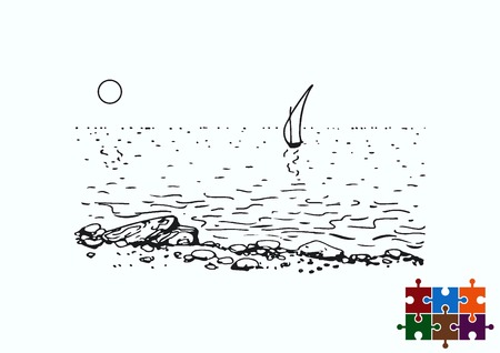 Graphic clouds and the moon shining in the night sky. Vector illustration. Sailing yacht at sea. Stone Beach.のイラスト素材