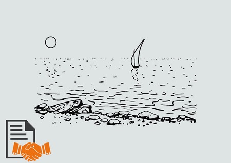 Graphic clouds and the moon shining in the night sky. Vector illustration. Sailing yacht at sea. Stone Beach.のイラスト素材