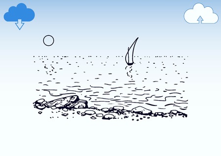 Graphic clouds and the moon shining in the night sky. Vector illustration. Sailing yacht at sea. Stone Beach.のイラスト素材