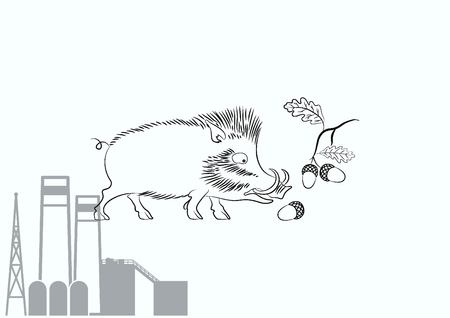 Vector illustration of the evil head, ferocious, aggressive boar. Predatory, dangerous beast. Angry wild boar. piggy web icon.のイラスト素材