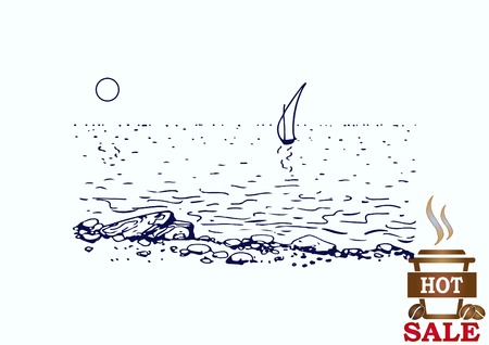 Graphic clouds and the moon shining in the night sky. Vector illustration. Sailing yacht at sea. Stone Beach.のイラスト素材