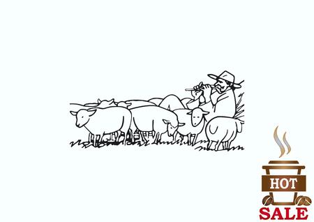 Vector illustration of a sheep. Shepherd with flock of sheep. A farmer herding sheep. farmer feeding sheep. Farmer playing the flute. Shepherd playing a pipe.のイラスト素材