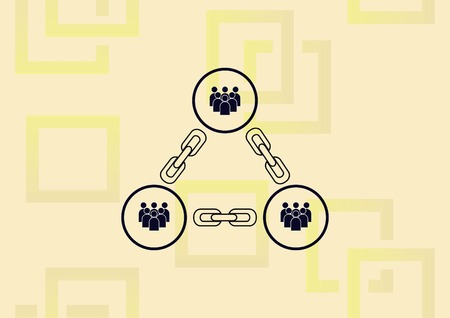 Group of people inside round frame with chain, linking together.のイラスト素材