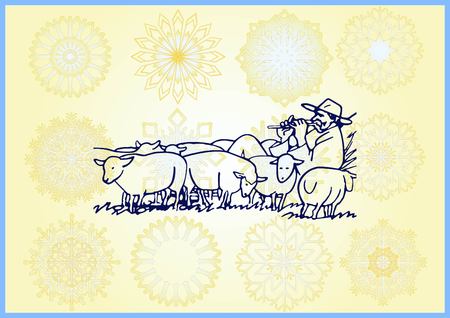 Vector illustration of a sheep. Shepherd with flock of sheep. A farmer herding sheep. farmer feeding sheep. Farmer playing the flute. Shepherd playing a pipe.のイラスト素材
