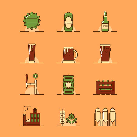 Vector illustrations set of the brewery attributes such as bottle cap, can, glass bottle, mugs and pints, draught system, barrel, box, brewery building, barley and malt.のイラスト素材
