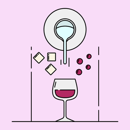 Illustration of wine glass with sugar, water and grapes on pink background.のイラスト素材