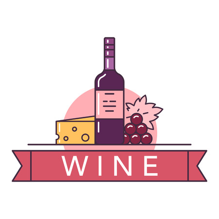Illustration of red wine bottle with cheese and grapes on white background with lettering.のイラスト素材